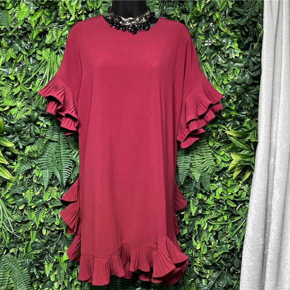 GARCIA Dress Women Medium Red Ruffle Pleated Round Neckline Shift Cocktail 2794 - Picture 2 of 10